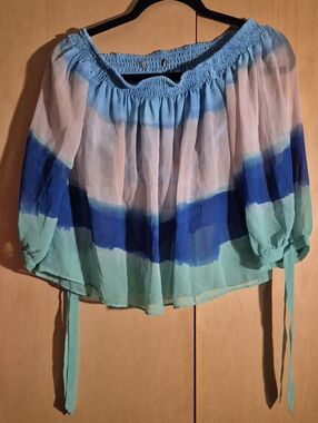 Off-Shoulder Tie-Sleeve Blouse - Blue Green Ombre